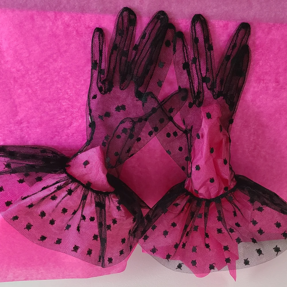 Vintage 1990s Sheer Black Polka Dot Tulle Gloves With Ruffled Cuffs